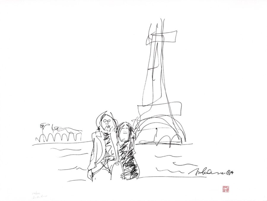 a drawing of two people standing in front of the eiffel tower