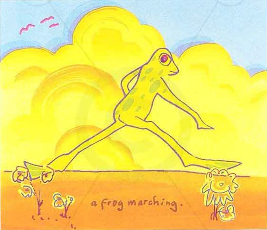 a drawing of a frog doing yoga on a sunny day