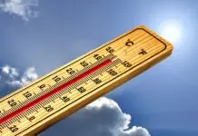a thermometer in front of a blue cloudy sky