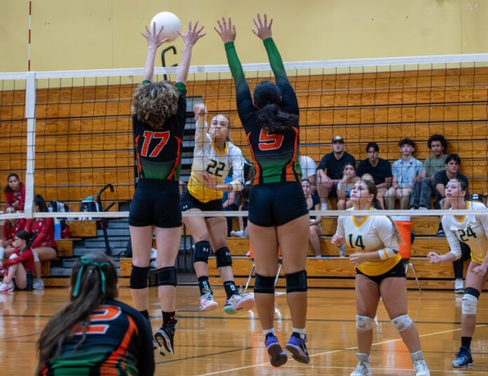 a group of young women playing a game of volleyball