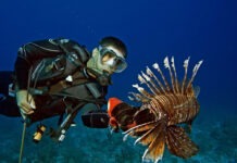 a man in a diving suit holding a fish