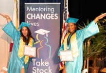 two women in graduation gowns posing for a picture