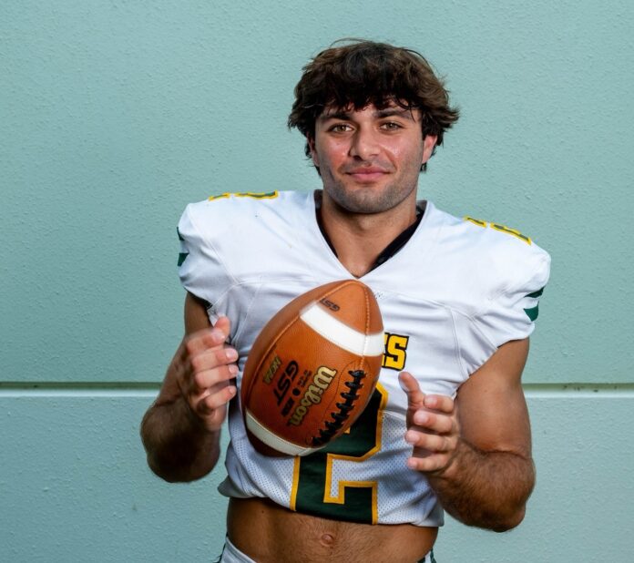 a man holding a football in his right hand