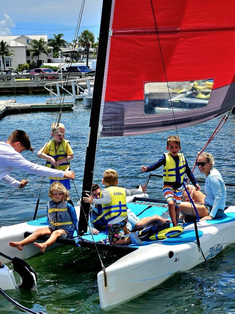 a group of people riding on top of a sail boat