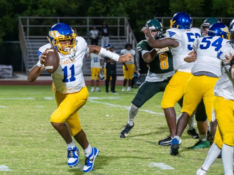 a football player running with the ball during a game