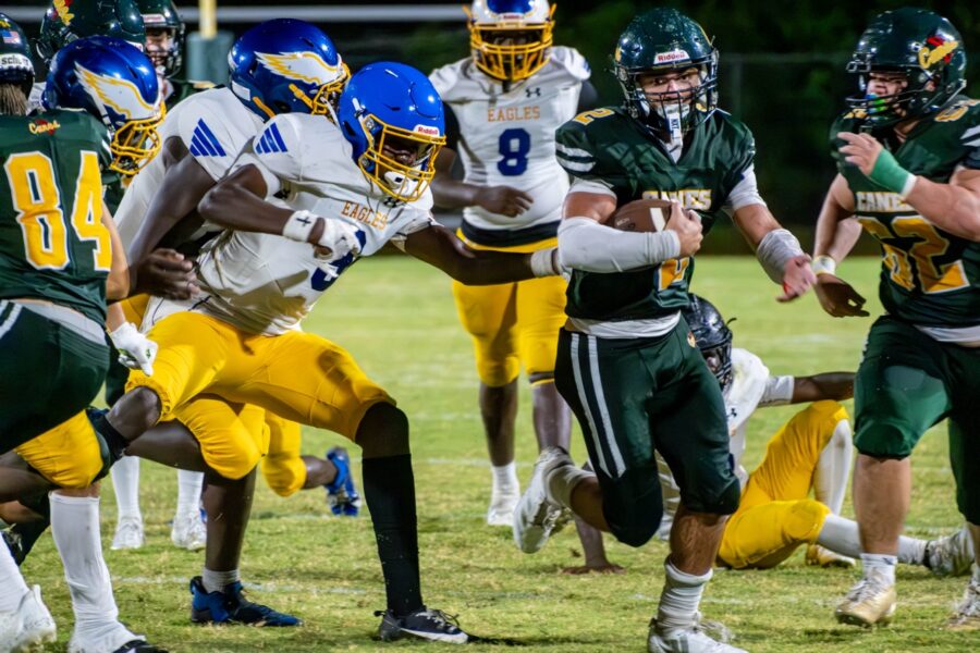 a football player running with the ball during a game