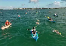 a group of people in kayaks paddling in the water