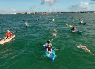 a group of people in kayaks paddling in the water