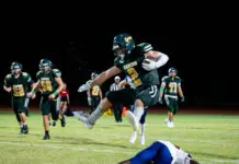 a football player diving for a football during a game