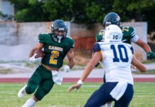 a football player running with the ball during a game