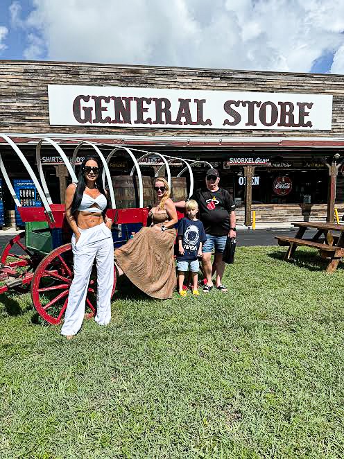 a group of people standing in front of a store