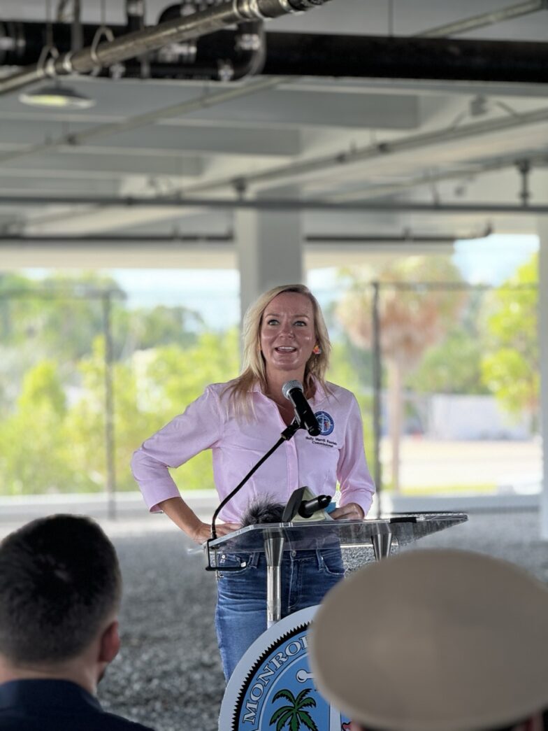 a woman standing at a podium in front of a group of people