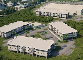 an aerial view of a group of buildings