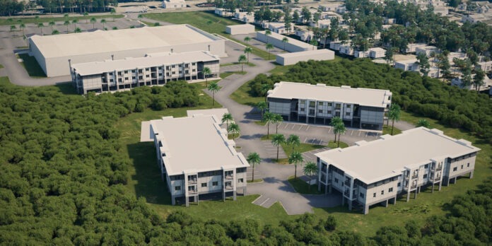 an aerial view of a group of buildings