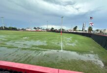 an empty soccer field with a flag on it