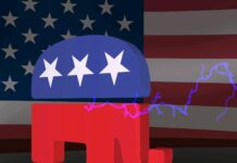 an elephant with stars on its head in front of an american flag