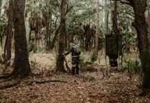 a person riding a bike through a forest