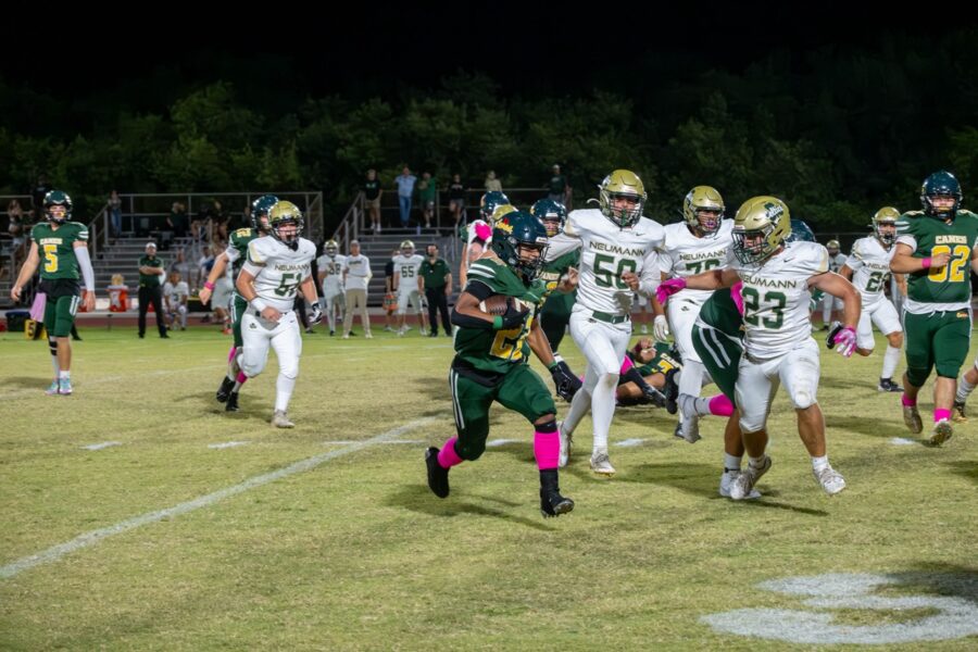 a football game with players running on the field