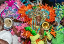 a man in a colorful costume holding a trumpet