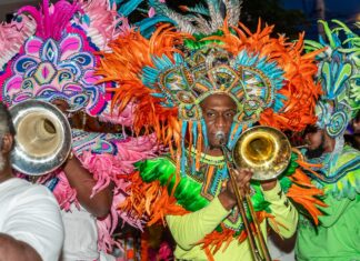 a man in a colorful costume holding a trumpet