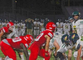 a football game in progress with the ball in the air