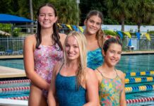 a group of women standing next to each other near a swimming pool