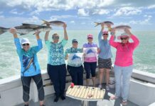 a group of people on a boat holding up fish