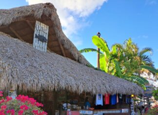 a hut with a thatched roof and a wooden bench