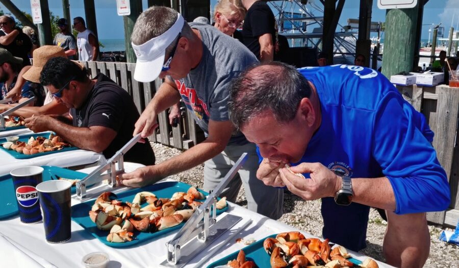 a group of people standing around a table with plates of food