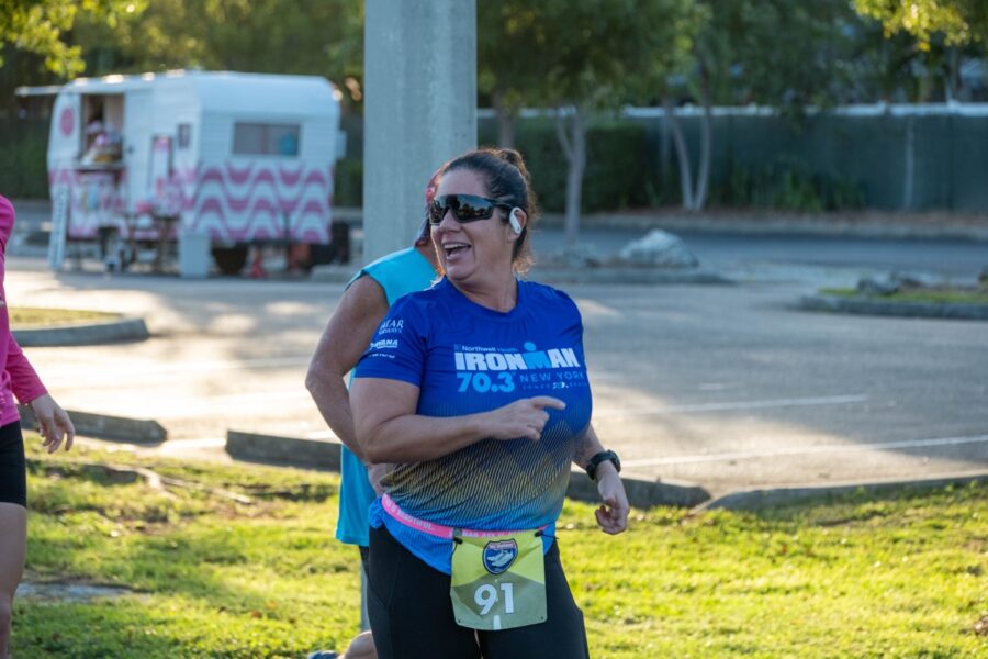 a couple of women running in a race