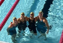 a group of women standing next to each other in a swimming pool