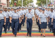 a group of women in uniform walking down a street