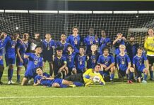 a soccer team posing for a team photo