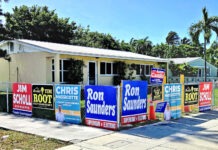 a row of houses with political signs on them