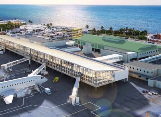 an aerial view of an airport with an airplane on the tarmac