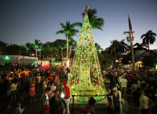 a crowd of people standing around a christmas tree