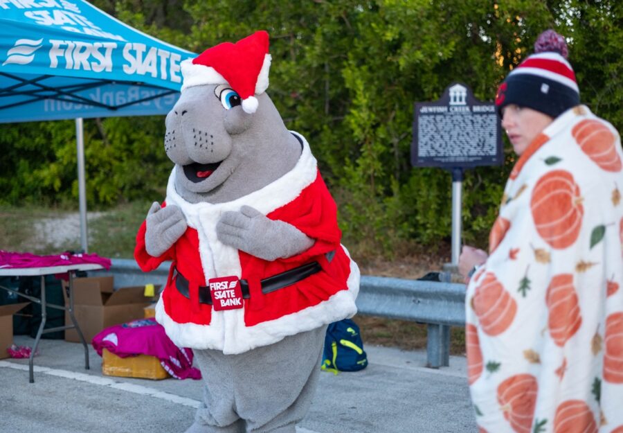 a person in a santa clause outfit standing next to a mascot