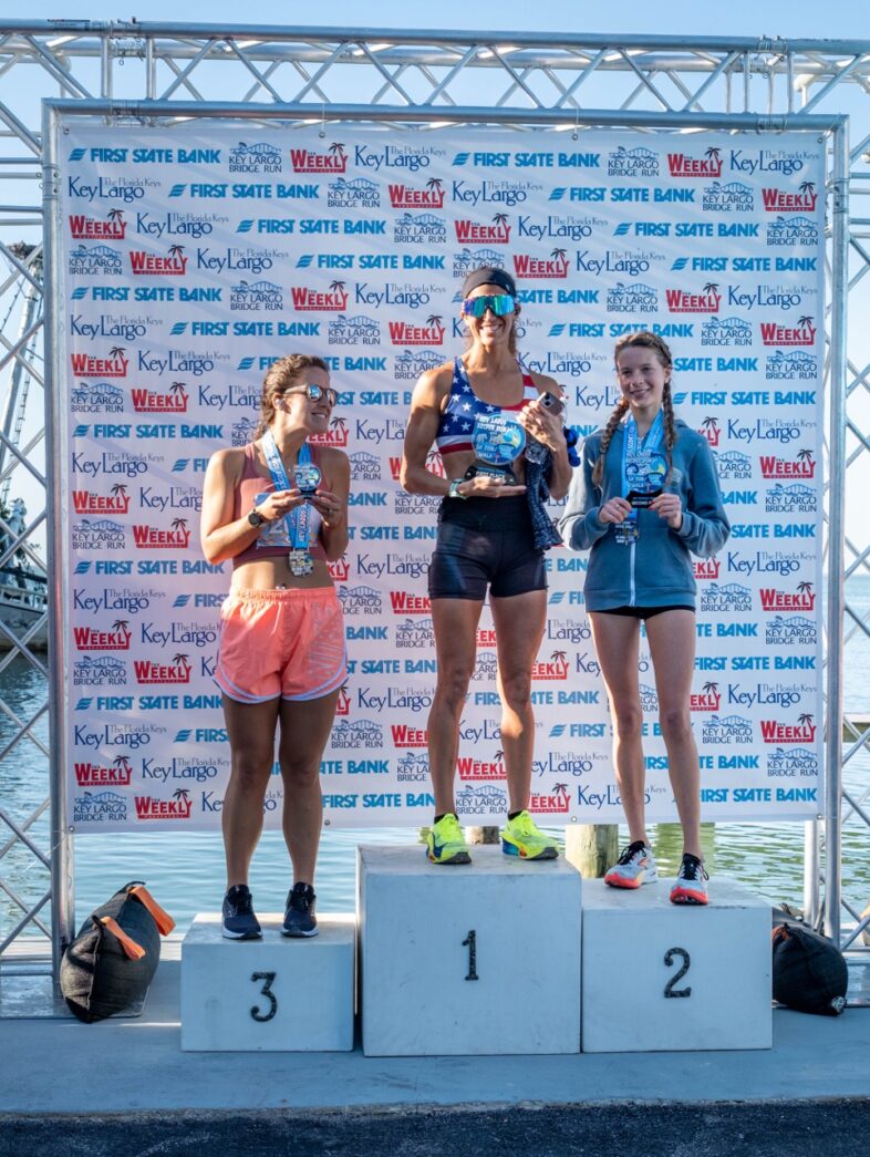 a group of women standing on top of a podium