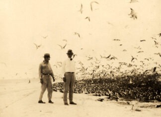 a couple of men standing next to each other on a beach