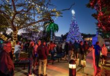 a group of people standing around a christmas tree