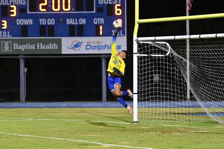 a soccer player jumping up to catch a ball