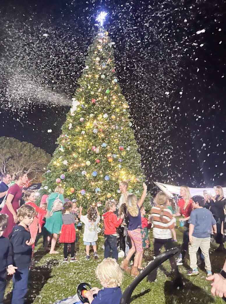 a group of people standing around a christmas tree