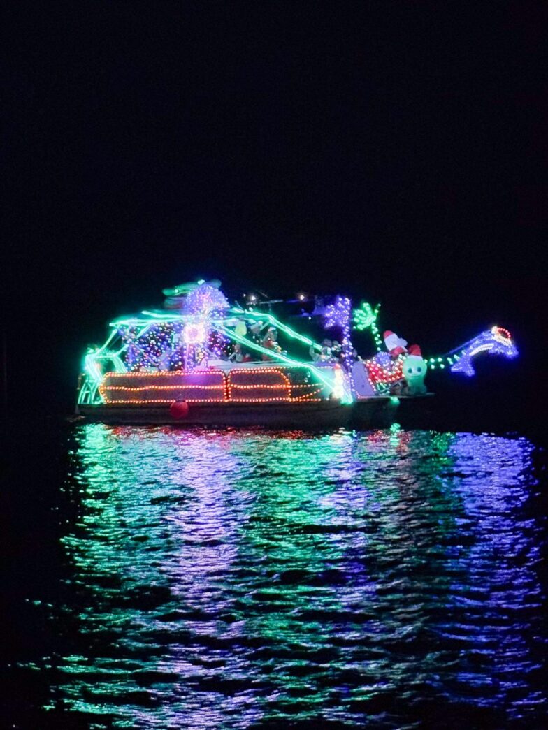 a boat decorated with christmas lights in the water