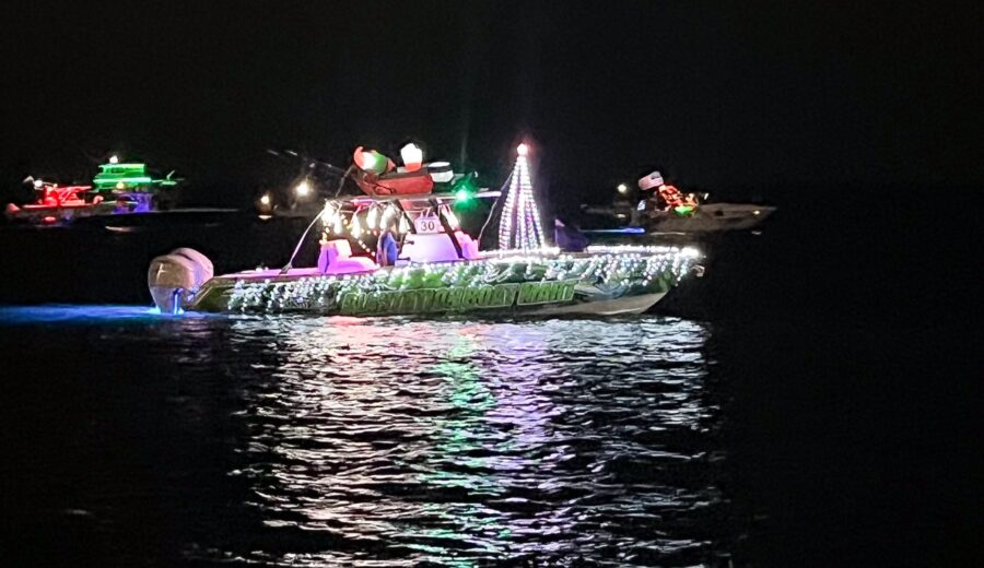 a boat decorated with christmas lights in the water