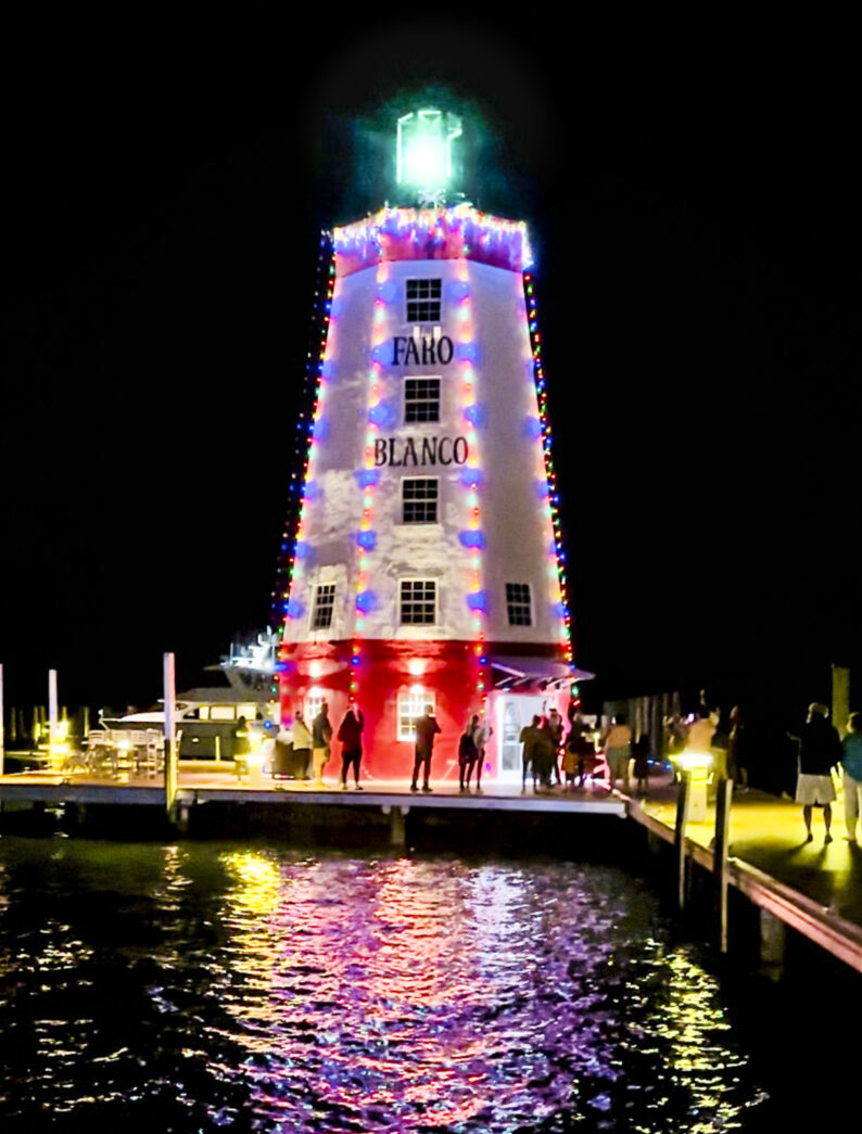 a light house is lit up with christmas lights