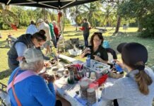 a group of people sitting at a picnic table