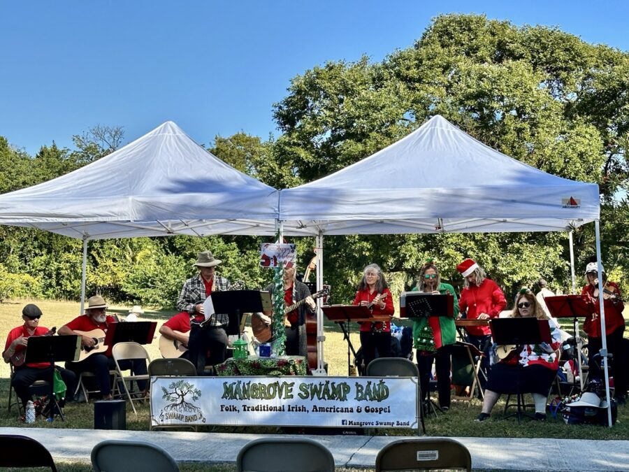 a group of people playing music under a tent