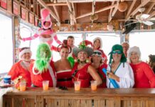 a group of people standing around a bar