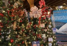 a christmas tree is decorated with red and green ribbon