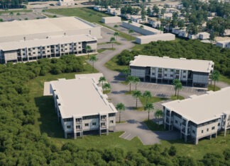 an aerial view of a group of buildings